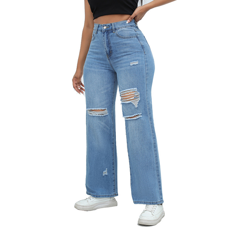 Kvinnor Casual Jeans Flare Pants Knähål Rippade nödläge Vintage Middle midja Fit kvinnliga raka byxor Högkvalitativ gratis frakt