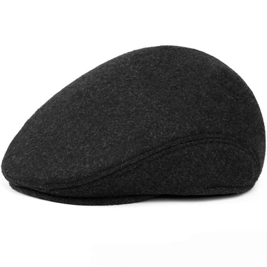 HT1405 Cappelli invernali caldi con paraorecchie da uomo Berretti berretti retrò Solido cappelli di feltro di lana nera uomo Berretto di edera piatto spesso in avanti Cappello da papà T2617