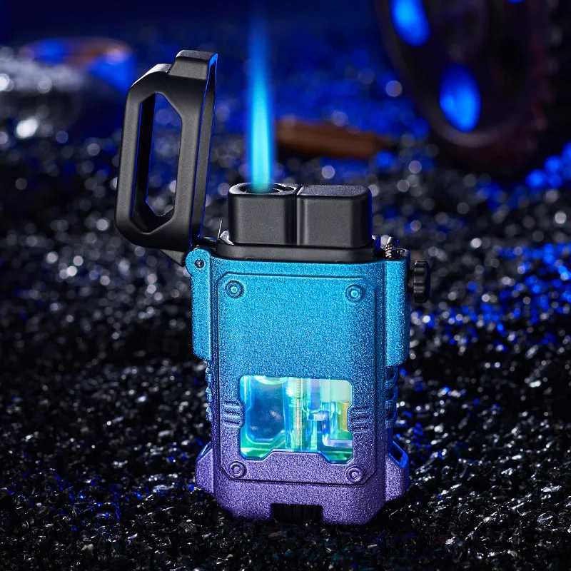 Creative Metal Outdoor Windproof Butane Turbine Torch Lighter Mechanical Design Blue Flame Jet Essential Gift for Men