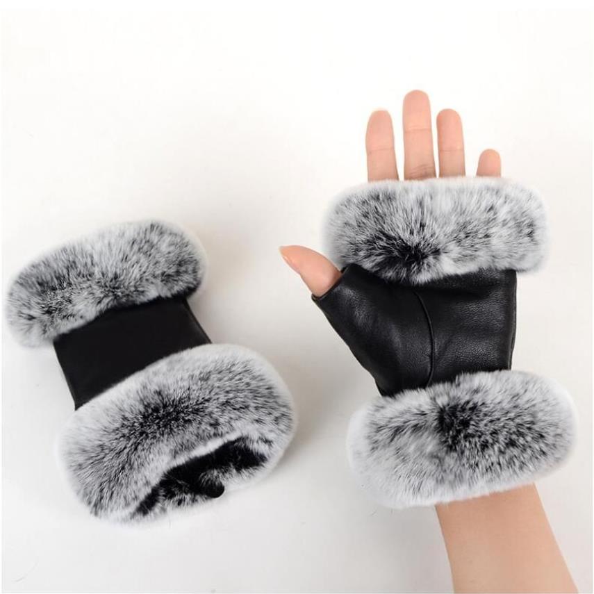 2022 Outdoor autumn and winter women's sheepskin gloves Rex rabbit fur mouth half-cut computer typing foreign trade leather c2222