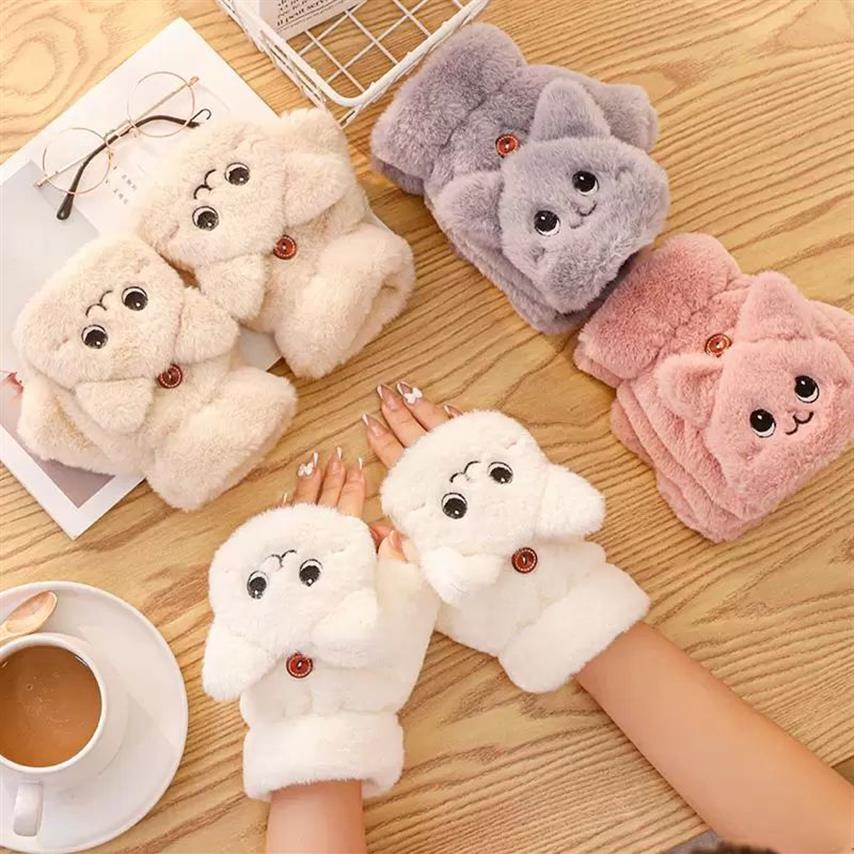 Cinq doigts gants femmes hiver fourrure mitaines sans doigts en peluche chaud mignon oreilles de chat flip épais pour fille flexible demi doigt309s