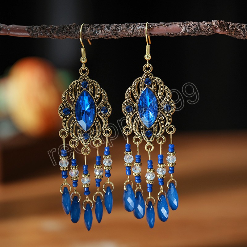 New Bohemian Ethnic Colorful Water Drop Tassel Earrings for Women Long Hollow Antique Gold Color Dangle Earring Pendientes Mujer