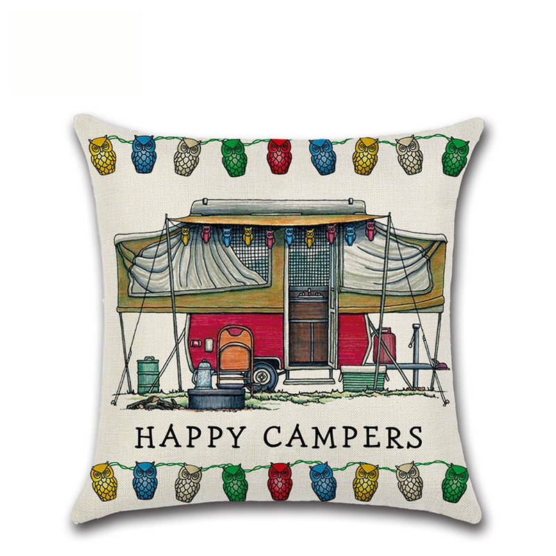 Happy campers fronha de linho quadrado almofadas capa de sofá capas de almofada com fecho de zíper decoração para casa 20 designs ccj2070