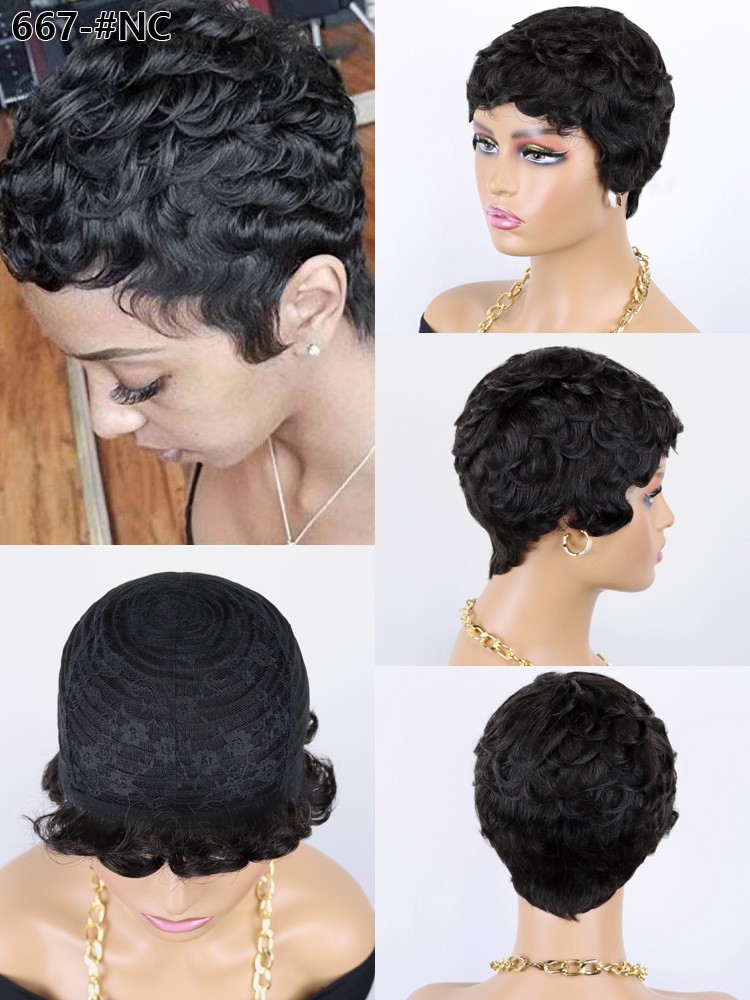 Short Wavy Pixie Cut Wig With Bangs Ombre Color Human Hair Machine Made Lace Wigs For Women F-667