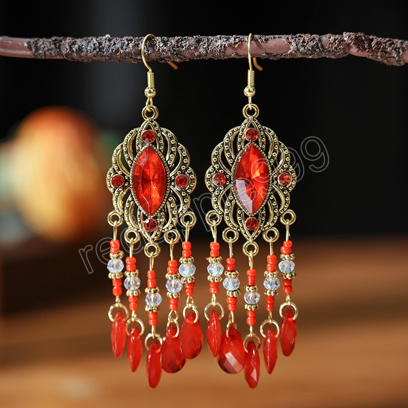 New Bohemian Ethnic Colorful Water Drop Tassel Earrings for Women Long Hollow Antique Gold Color Dangle Earring Pendientes Mujer