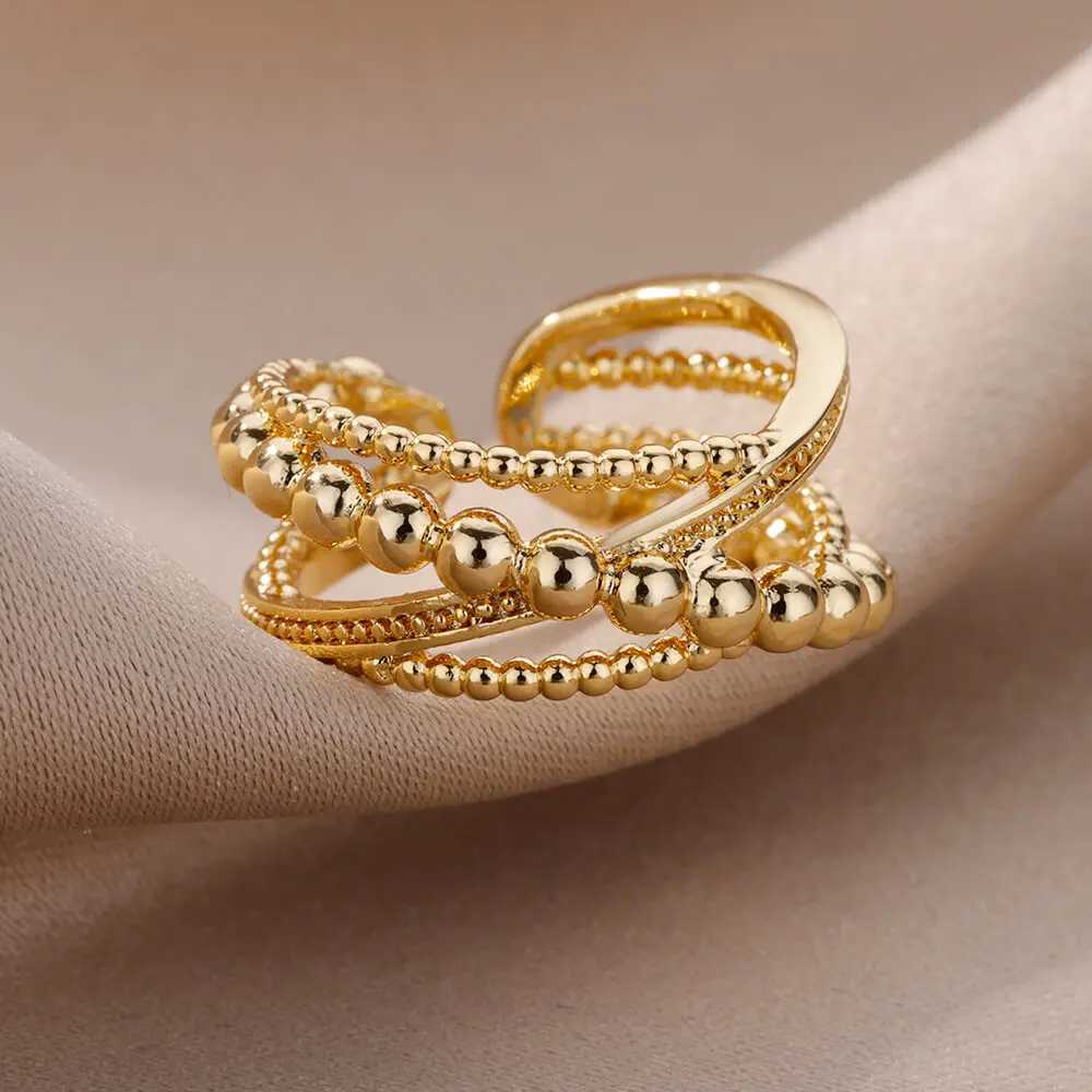 Wedding Rings Stainless Steel Bead Twist Cross Rings For Women Gold Color Irregular Opening Ring Wedding Aesthetic Jewelry anillos mujer