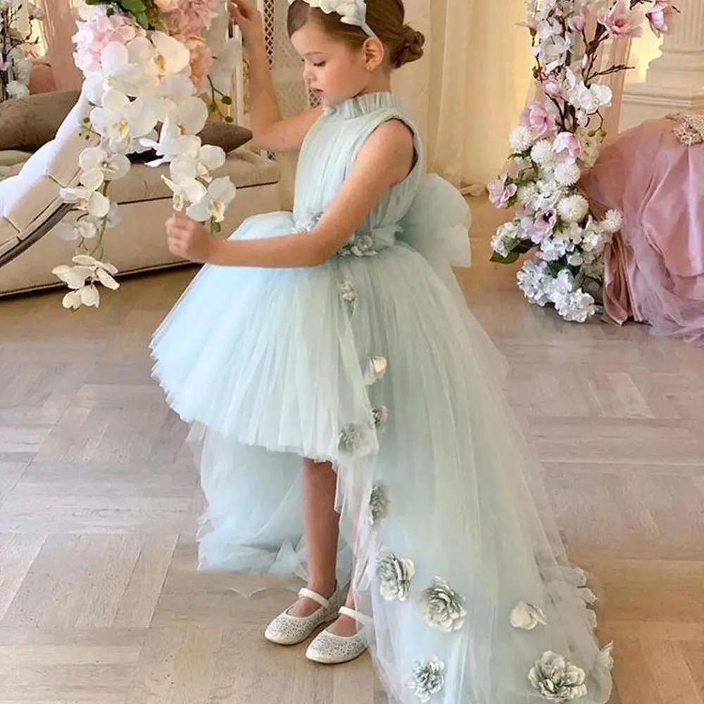 Vintage Flower Girl Dresses High Neck Tulle Sleeveless with Bow Asymmetrical Handmade Flowers Floor Length Custom Made for Children