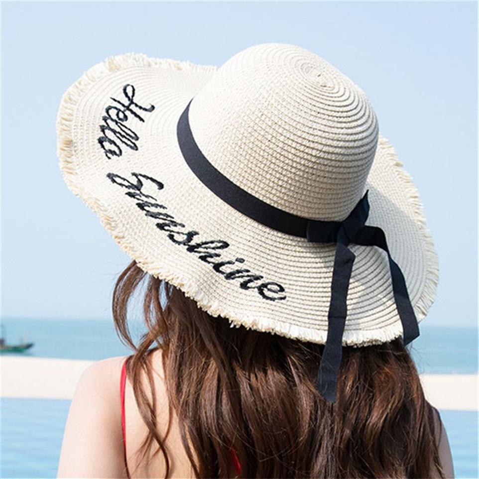 Broderi sommar stråhatt kvinnor bred grim solskydd strand hatt 2021 justerbar diskette fällbara solhattar för kvinnor dam268w