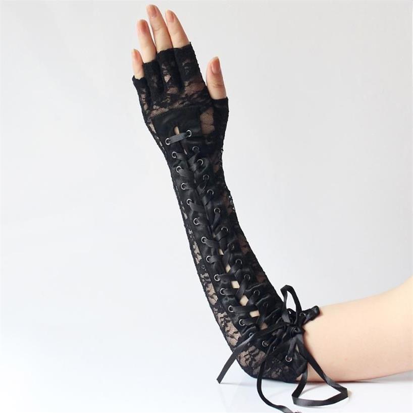 Cinco dedos luvas sexy laço longo cotovelo steampunk sem dedos para festa luvas clubwear cosplay goth acessórios237q