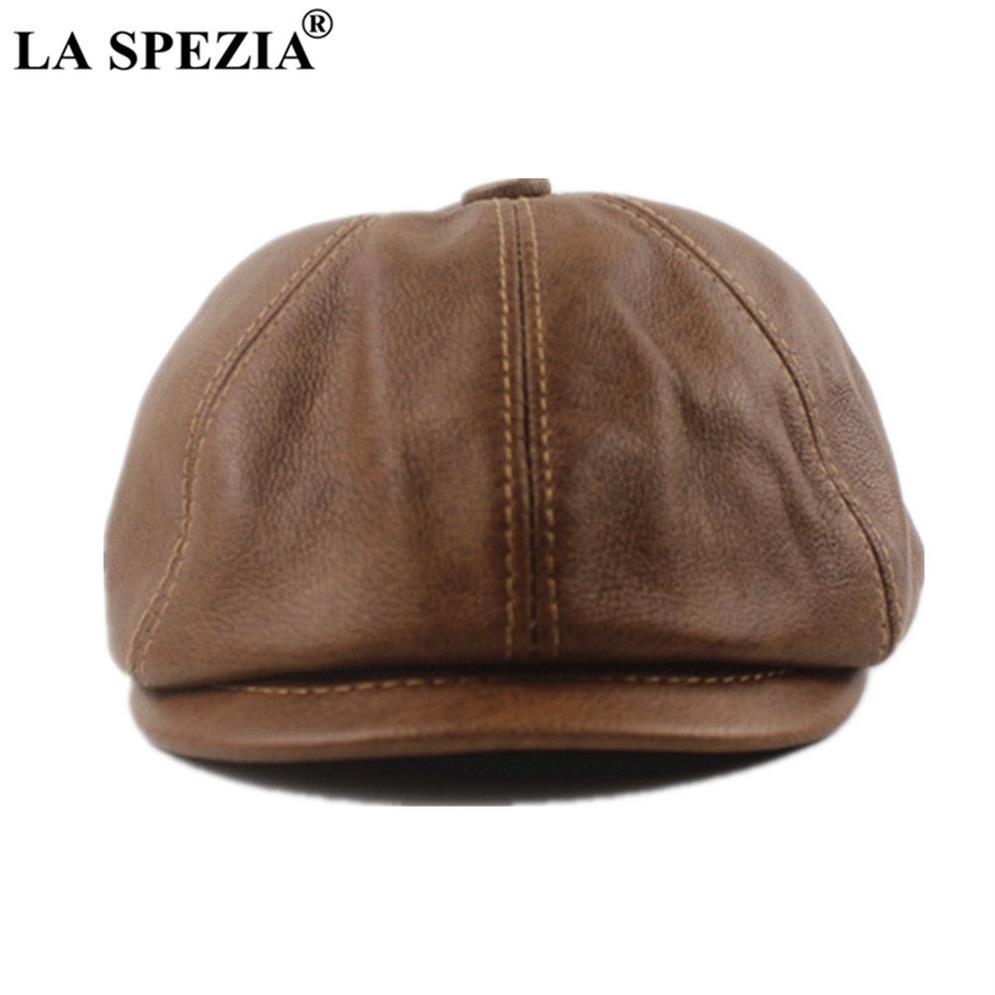 LA SPEZIA Khaki Men's Newsboy HAP Genuine Cowskin Leather Octagonal Cap Male Beret Autumn Winter Men Vintage Duckbill Hats 20215E