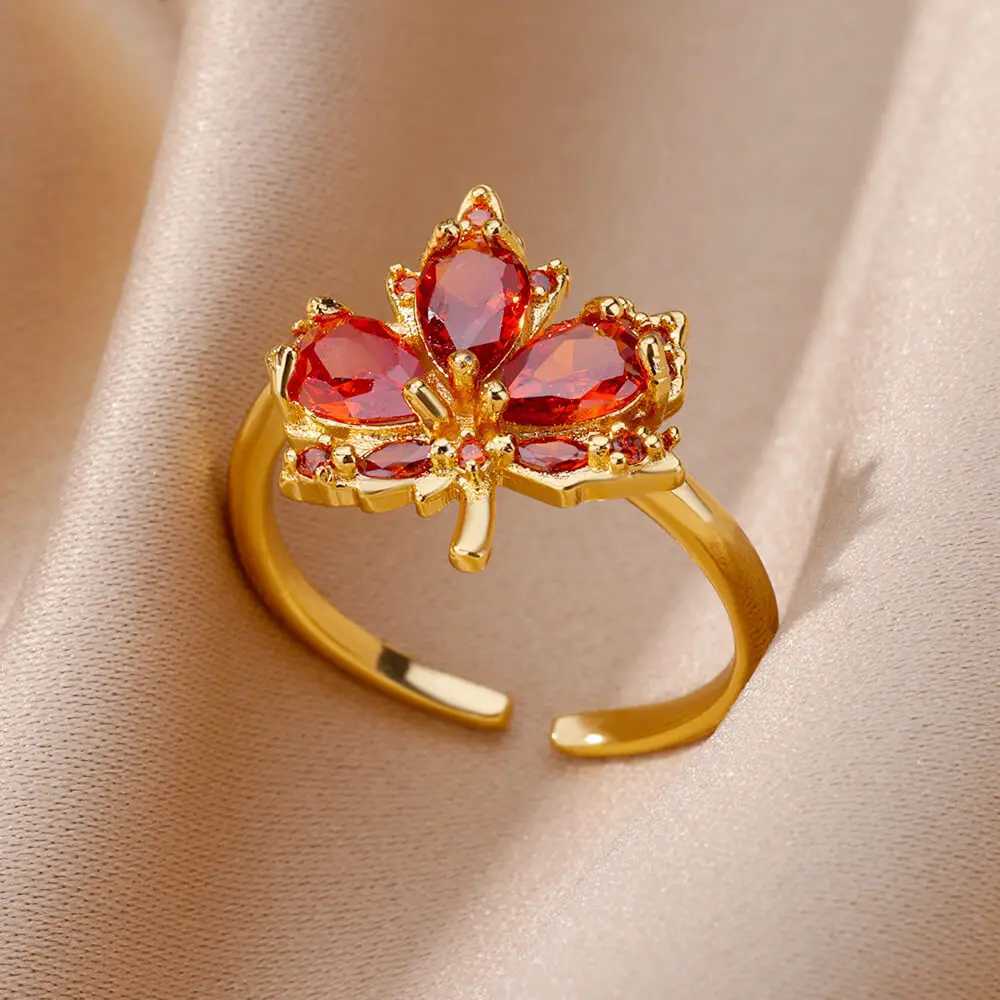 Wedding Rings Zirkon Maple Leaf Ringen voor vrouwen Roestvrij staal Goud Opening Plant Ring Fashion Koreaans Wedding Party Joowerly Gift
