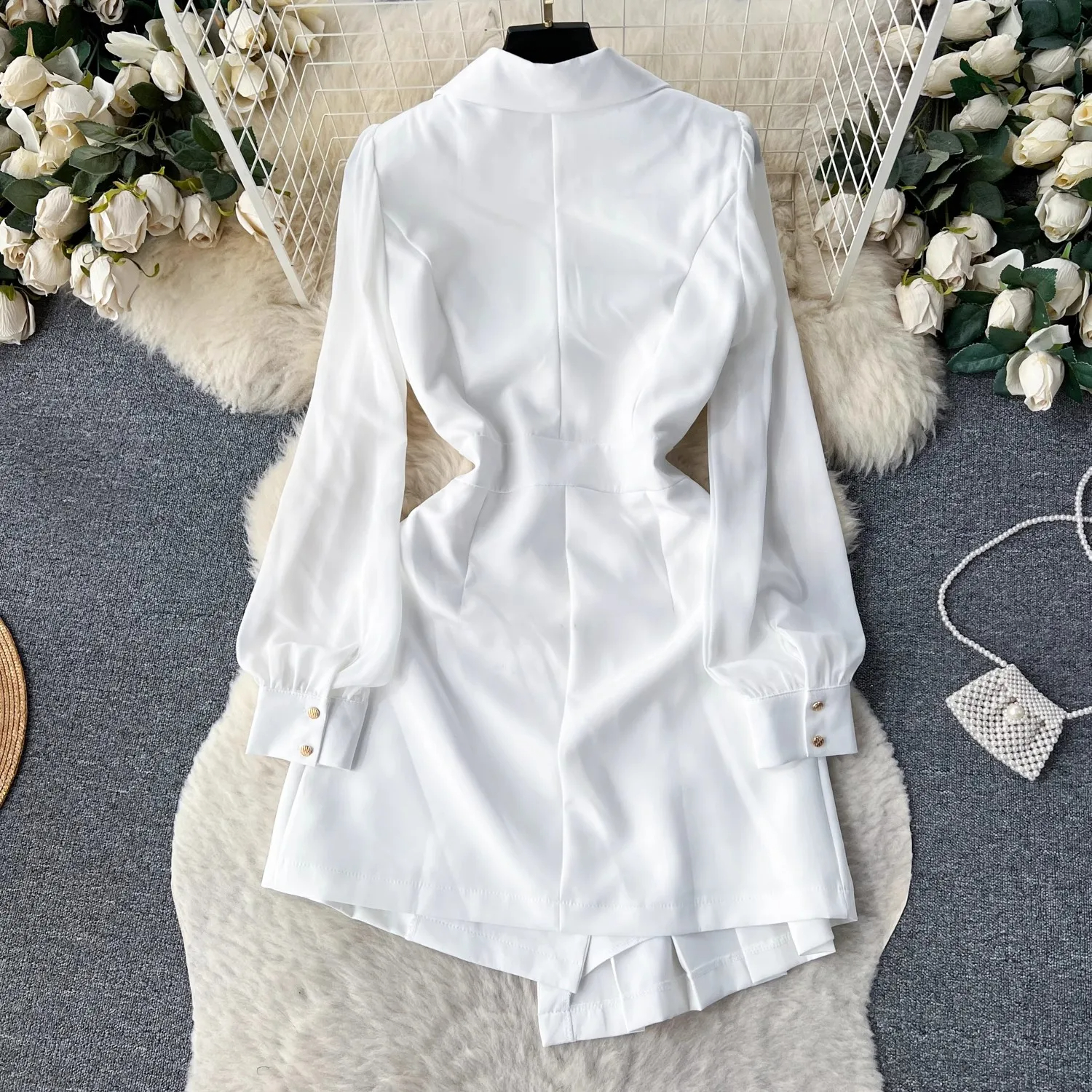 Casual Kleider 2024 Frühling Sommer Koreanische Mode Kerb Kragen Chiffon Blazer Kleid Frauen Langarm Zweireiher Plissee Mini Vestidos