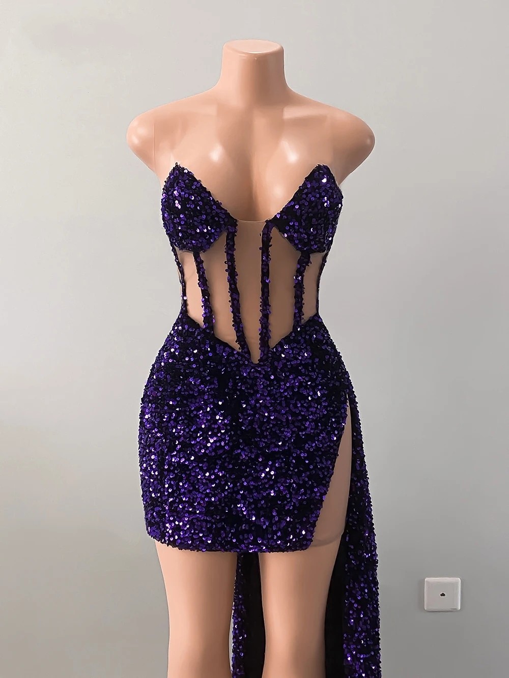 Dark Purple Sequined Shiny Evening Party Dresses Sexy Sweetheart Corset Sheath Short Mini Formal Occasion Party Gowns Side Long Train Cocktail Club Dress CL3039