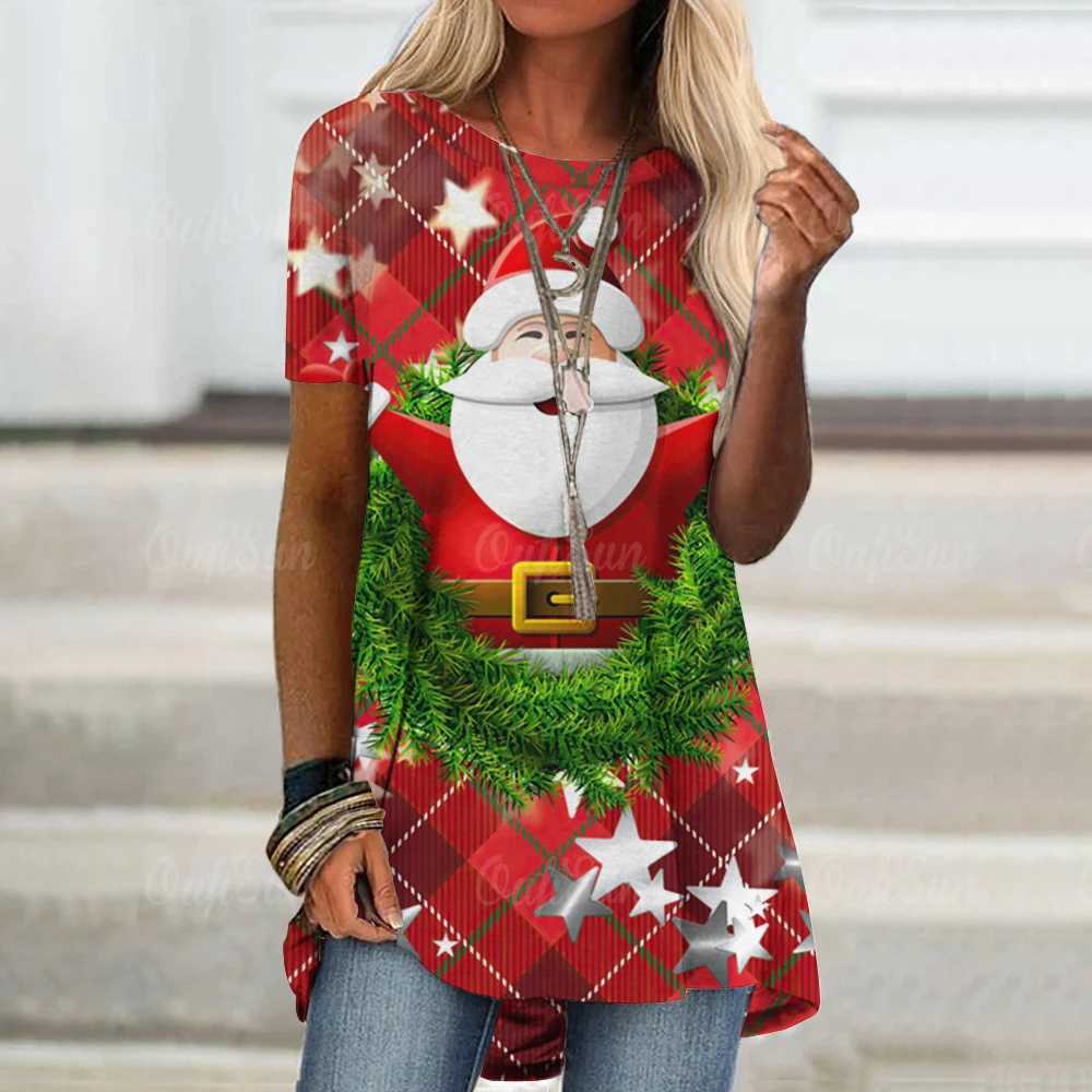 Bluzy damskie bluzy 2024 Damska koszulka Santa Claus Printowa koszulka dla kobiet streetwear z krótkim rękawem top moda okrągła szyja ubranie pullover newL231122