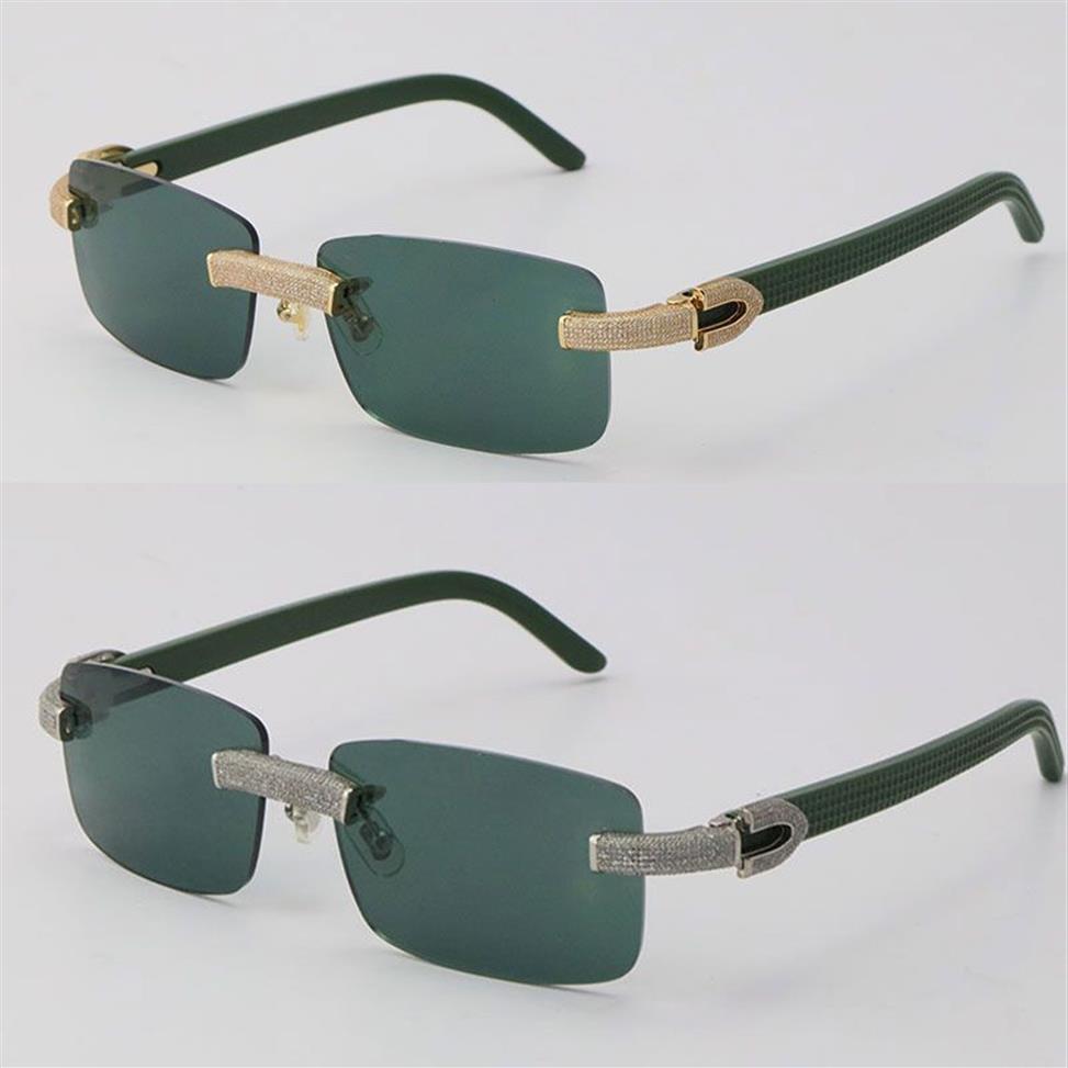 Nouvelles lunettes de soleil sans monture en diamant micro-pavé Original Green Plank Mens Rocks Cadre Homme et Femme Lunettes 18K Or C Décoration Wom203I