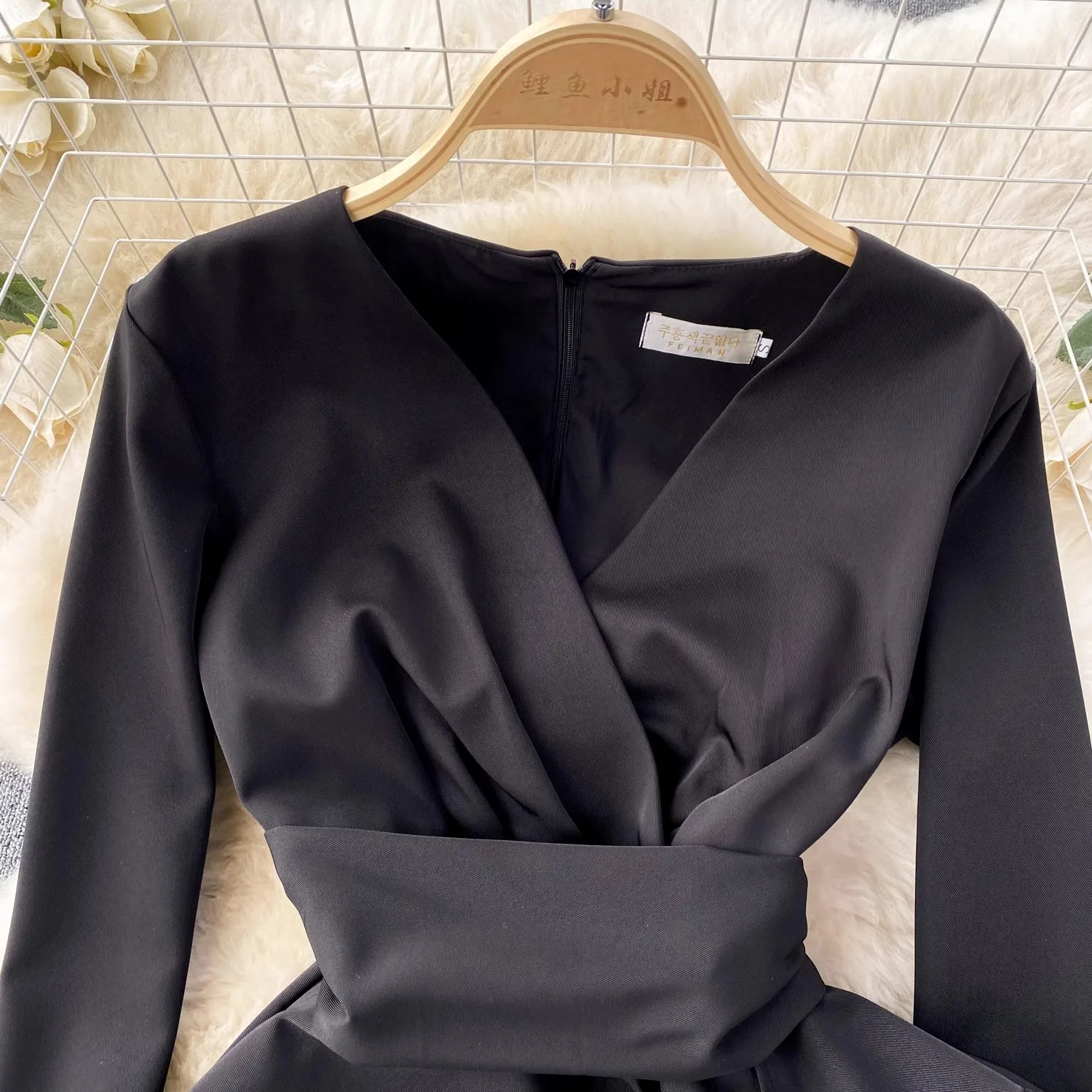 Casual Dresses 2024 Spring Summer Korean Fashion V-Neck Long Sleeve Black Ruffles Edge Stitching Split OL Work Wear Office Ladies Midi Dress