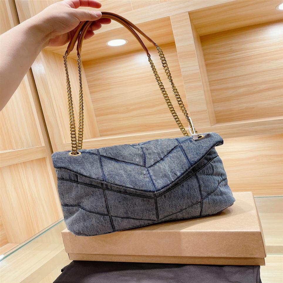 New Blue Suede Shoulder Bag Top Layer Cowhide Chain Rectangular Double Strap V Line Messenger Letter Buckle Ladies Fashion 200b