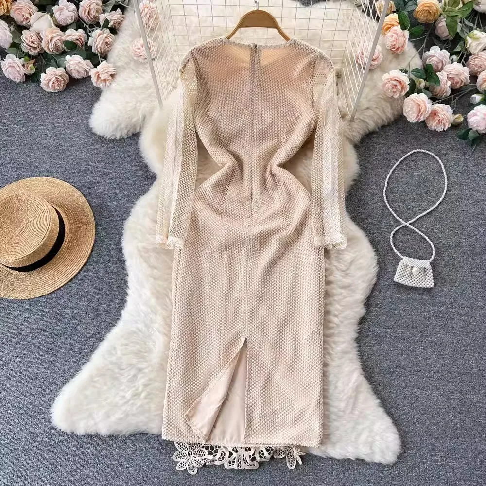 Casual Dresses 2024 Spring Summer Flower Embroidery Hollow Out Dress Women's Long Sleeve Crochet Lace Fairy Pencil Wedding Party Vestidos