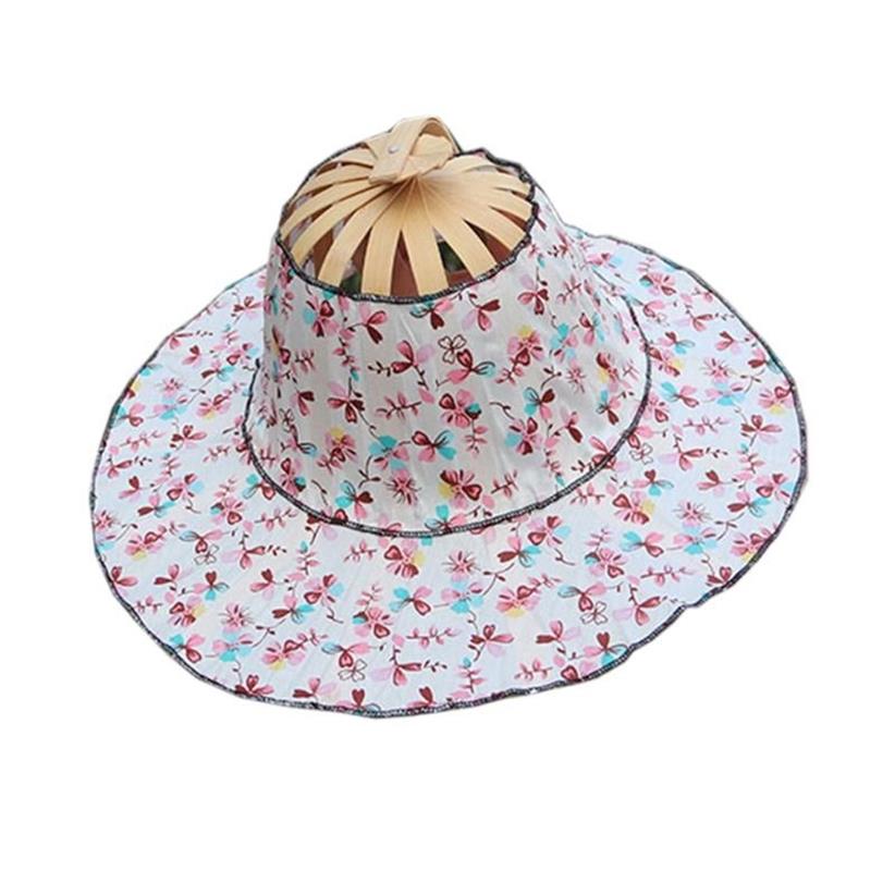 Sombreros de ala ancha 2 en 1 Sombrero de abanico plegable de bambú para mujeres Chica Mano de mano Viajando Bailando de verano 209j