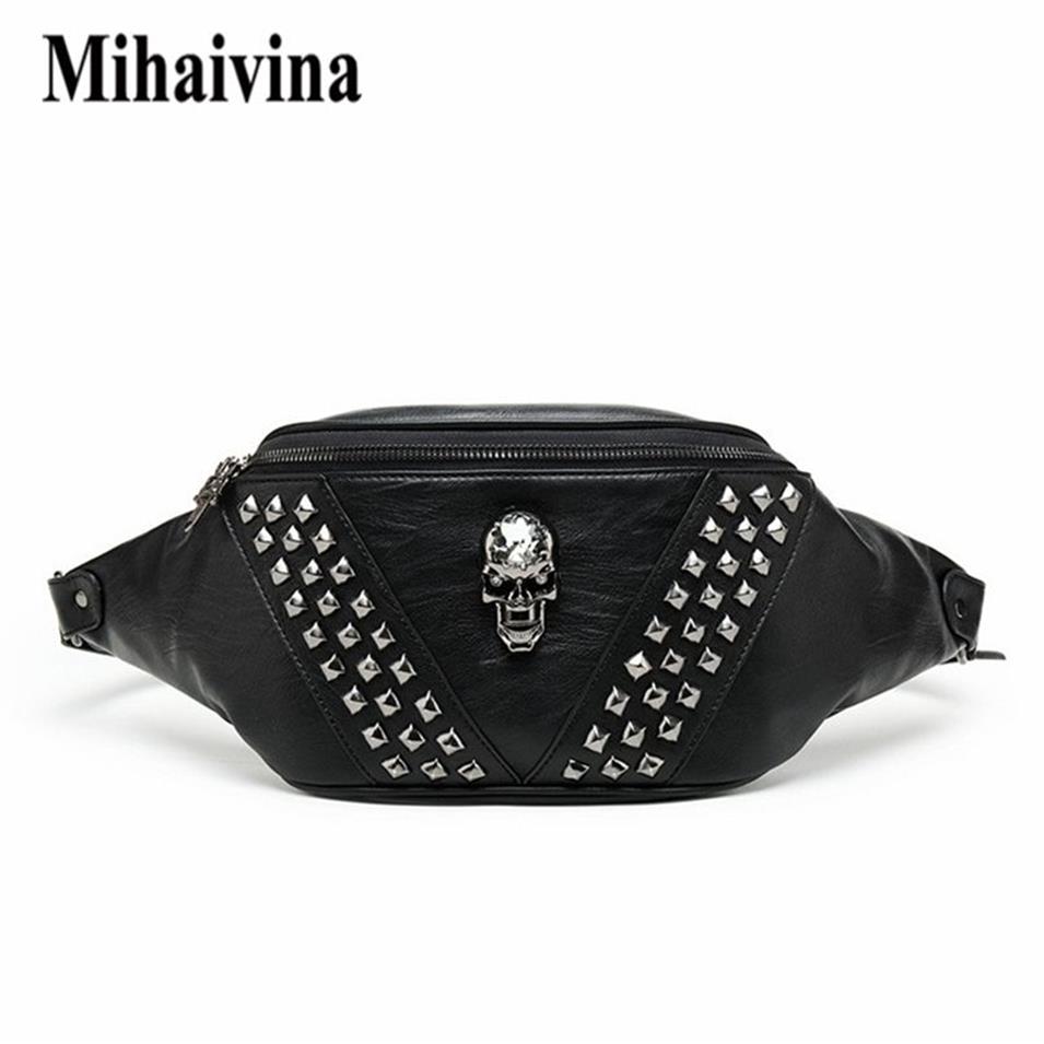 Mihaivina Punk Rivet Skull Men Waist Bag Women Black Fanny Pack Leather Chest s Female Shoulder Messenger Bum s 220216251R