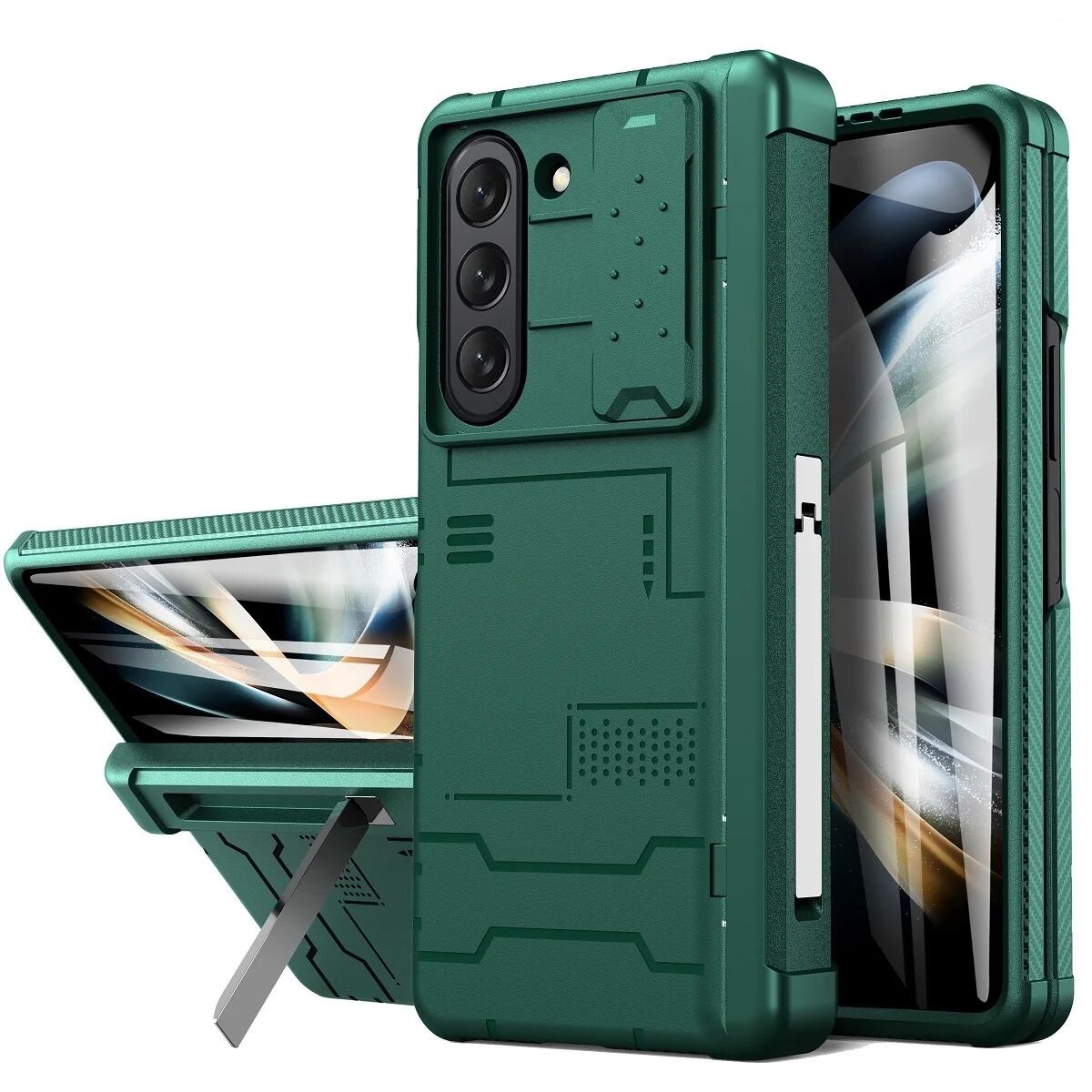 Robuste Rüstung für Samsung Galaxy Z Fold 5 Hülle Metallständer Scharnier Objektiv Kamera Schutzabdeckung mit Film