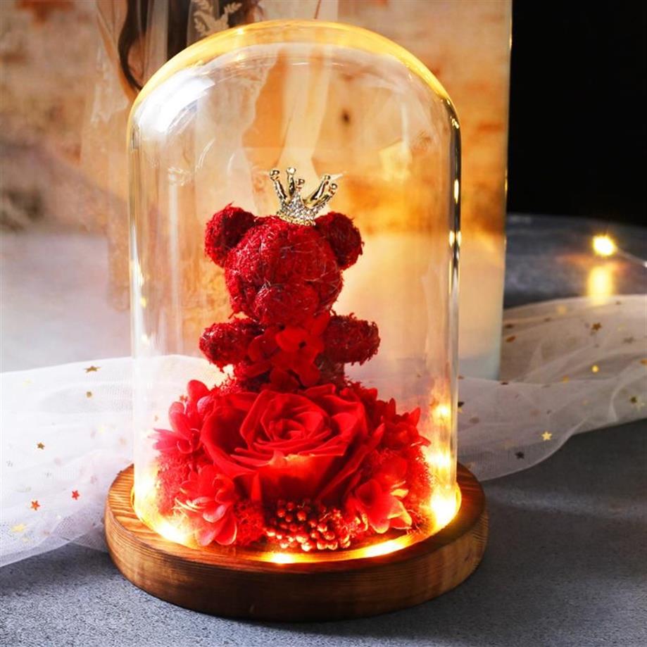 Novo urso de pelúcia rosa flores em vidro dom luz festival flores casa decoração de casamento aniversário dia dos namorados flor presentes2658