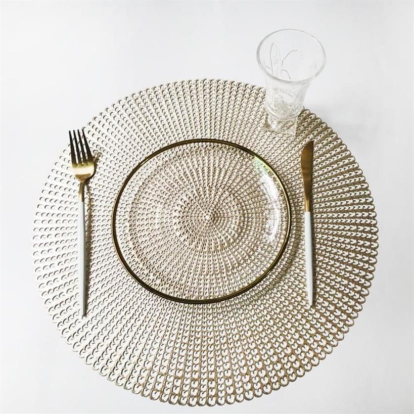 Guld Silvery Round Placemats Kitchen PVC Isolated Mats For Dining Tables Drink Coasters Coffee Cup Pad Home Restaurant Decor PA292N
