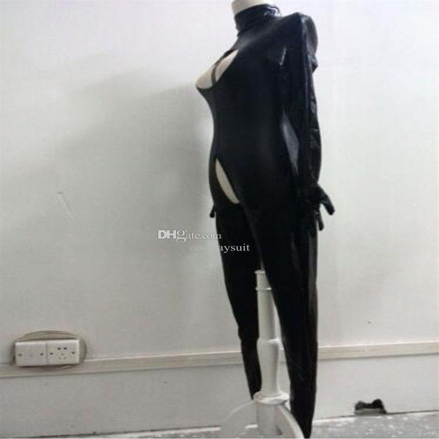 Mode dames Catsuit Kostuums PVC Kunstleer sexy meisjes zwarte kleur jumpsuit open buste en crotchless terug Zipper305D