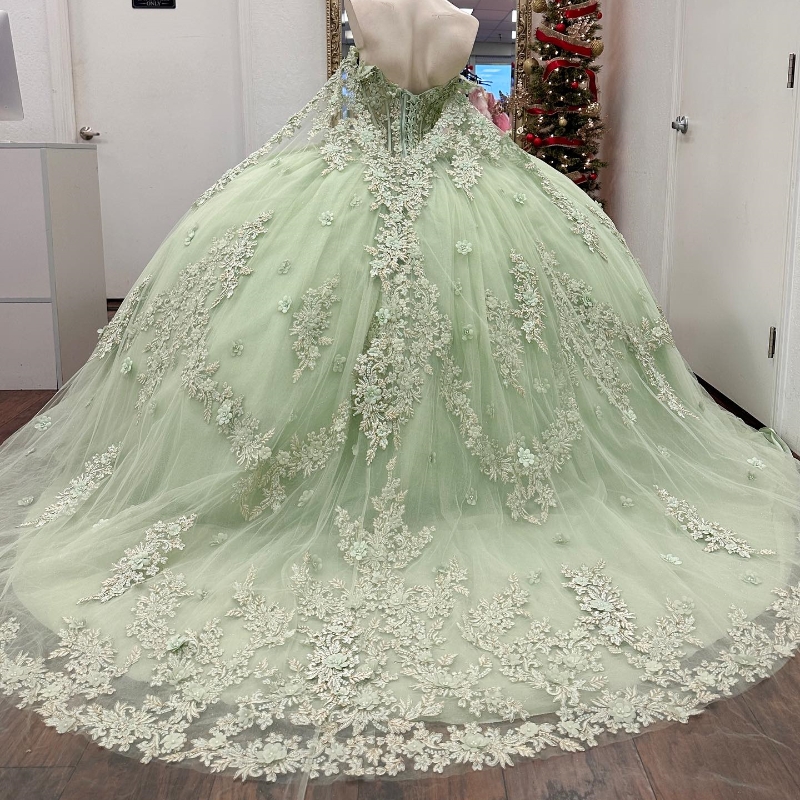 Sage Green Shiny Ball Gown Quinceanera Dresses Appliques Lace Beading Tull Off Shoulder Sweet 16 Dress Vestido De 15 Anos Lace-Up