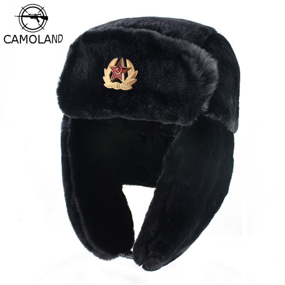 CAMOLAND Cappello da Trapper Trooper Sovietico Uomo Esercito Militare Russo Colbacco Bomber Cappello Invernale Berretto Caldo Pilota Finta Pelliccia di Coniglio Paraorecchie T223T