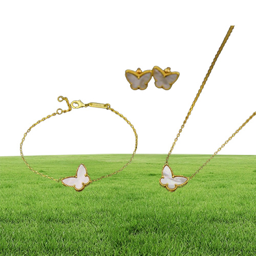 Gold Fashion Classic Sweet 4four Leaf Clover Butterfly Bransoletę Kolczyki Zestaw biżuterii do S925 Srebrny van womengirls1466290