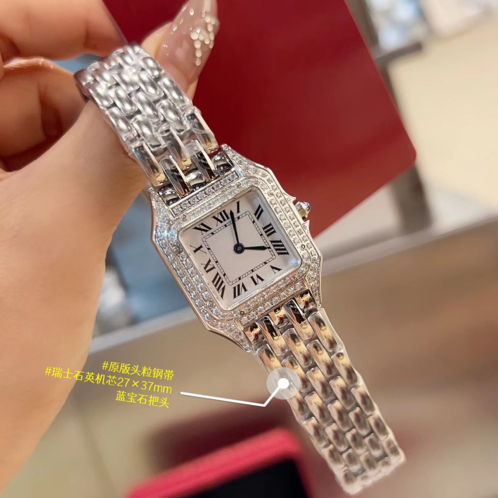 Модные брендовые наручные часы для женщин и девочек, 27 мм, квадратный бриллиант, швейцарский механизм, металлический ремешок из нержавеющей стали, кварцевые роскошные часы AAA Tank CT 102