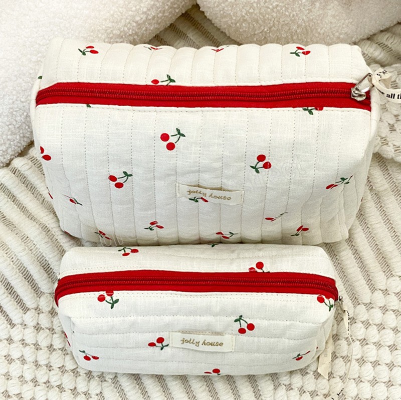 Bolsas de cosméticos Retro de cereza para mujer, estuche de lápices para niñas de diseño bonito, bolsos de mano grandes, bolsa de almacenamiento de viaje acolchada de algodón para mujer