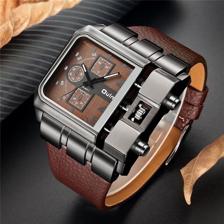 Oulm Marque Original Unique Design Carré Hommes Montre-Bracelet Large Grand Cadran Casual Bracelet En Cuir Quartz Montre Mâle Sport Montres J190715229e