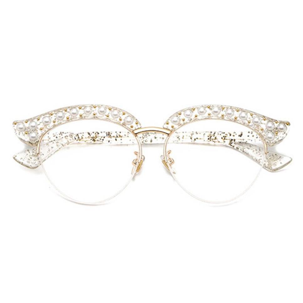 Cubojue Cat Eye Pearl Women Okulary przezroczyste soczewki Przezroczyste modne okulary okulary Kobieta pół ramy okulary okulary panie 286n