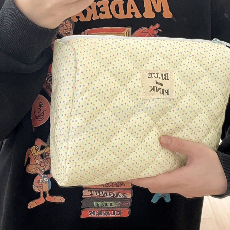 Soft Cotton Women's Floral Cosmetic Bag Retro Plaid Ladies Handbags Makeup Case Portable Toiletries Storage Bags Clutch Purse