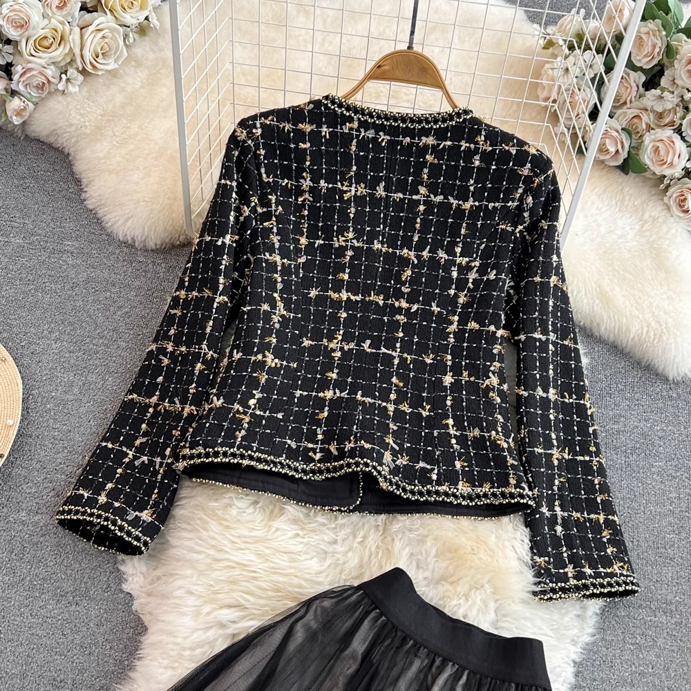 Two Piece Dress Autumn Winter Office Elegant Two Piece Set Women Beading Bowknot Plaid Wool Tweed Jacket Coat Mesh Pleated Midi Skirt Suit 2024