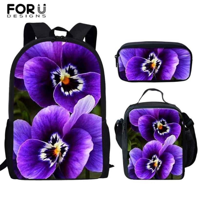 Skolväskor Forudesigns Purple Lilac Design 16 tum barn ryggsäck för barn blommavtryck tonåringar flickor bokväska resor sac316h