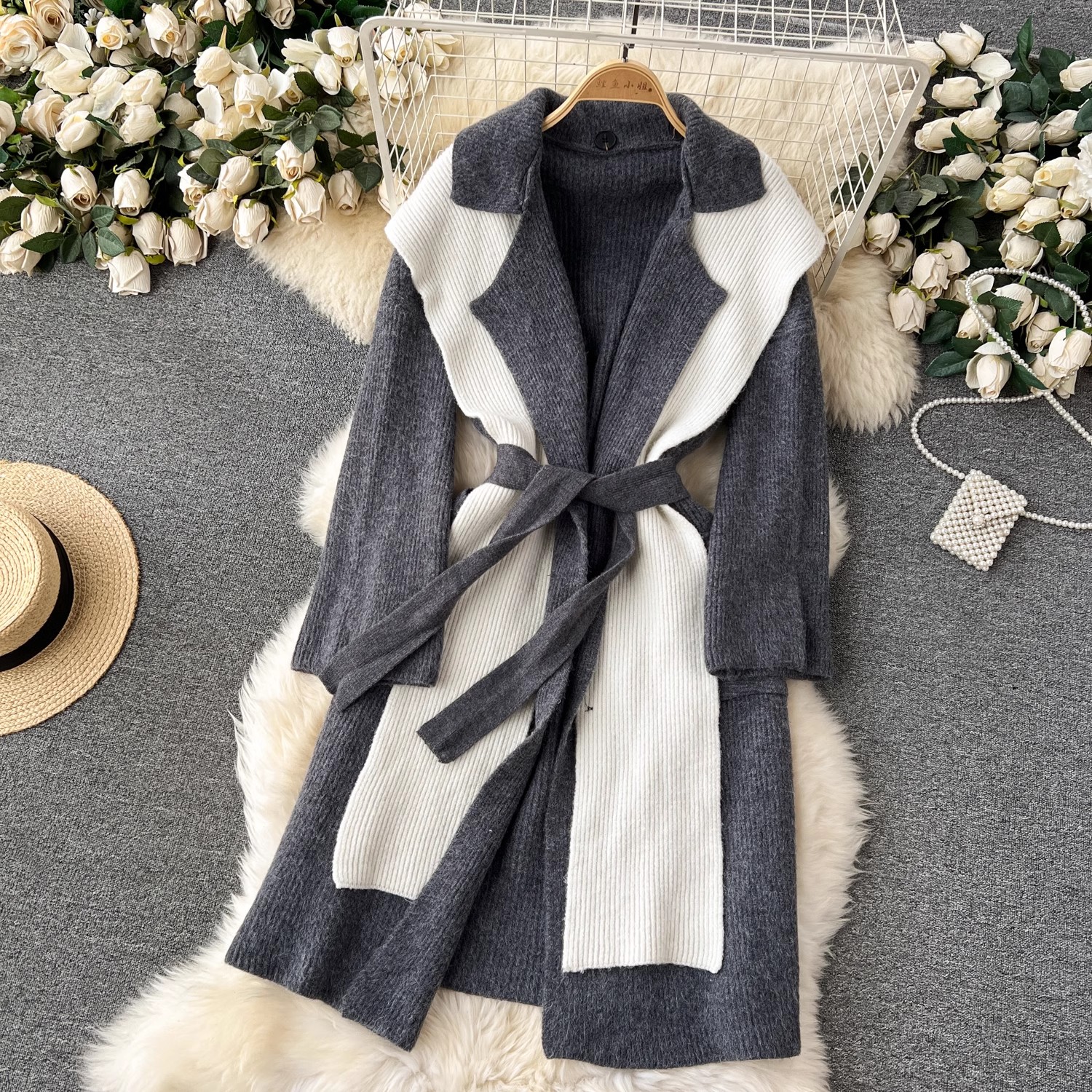 Kobiety Odziew Odziew Płaszcze Sweter Midi Cardigans Autumn Zima Grube ciepłe szalik z kapturem Kurtki luźne koronkowe płaszcze z paskiem w górę odzieży wierzchniej 2024