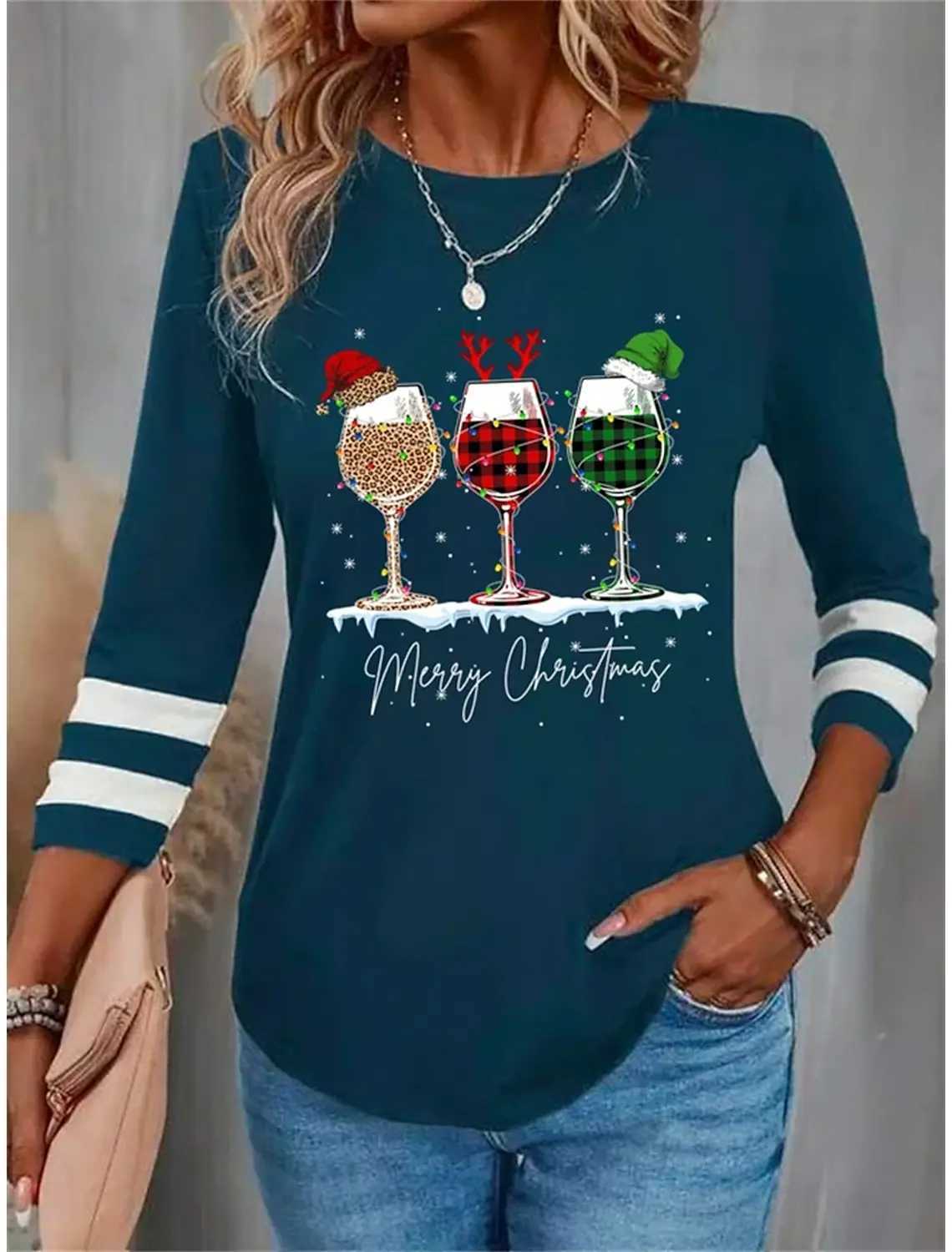 女性のパーカースウェットシャツ女性のTシャツ醜いサンタクリスマススウェットシャツヒョウ格子縞のワイングラスプリント長袖クリスマスレギュラーフィット塗装l231122