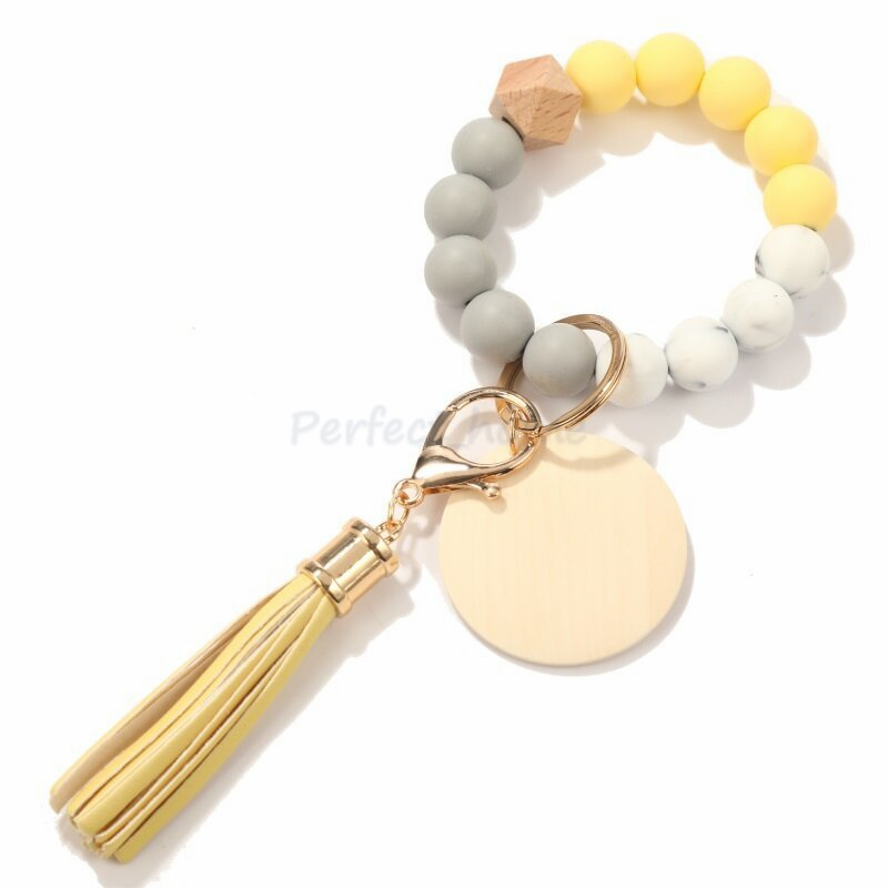 Silicone Bead Wooden Brand Wooden Chip Bracelet Keychain Tassel Keychain Bracelet Pendant Keyring by Ocean-shipping P165