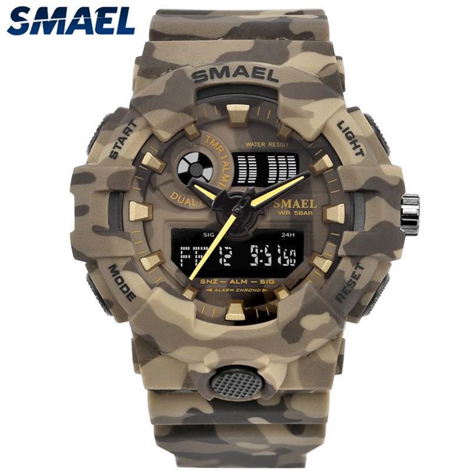 Smael Merk Mode Camouflage Militaire Digitale Quartz Horloge Mannen Waterdichte THOCK Outdoor Sport Horloges Heren Relogio Masculino Y1248M