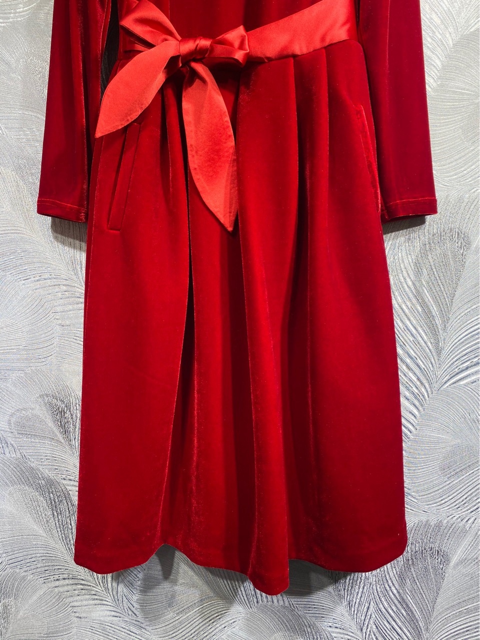 2024 Spring Pure Color Belted Dress Red Long Sleeve Stand Collar Kne-Length Casual Dresses T3N241208