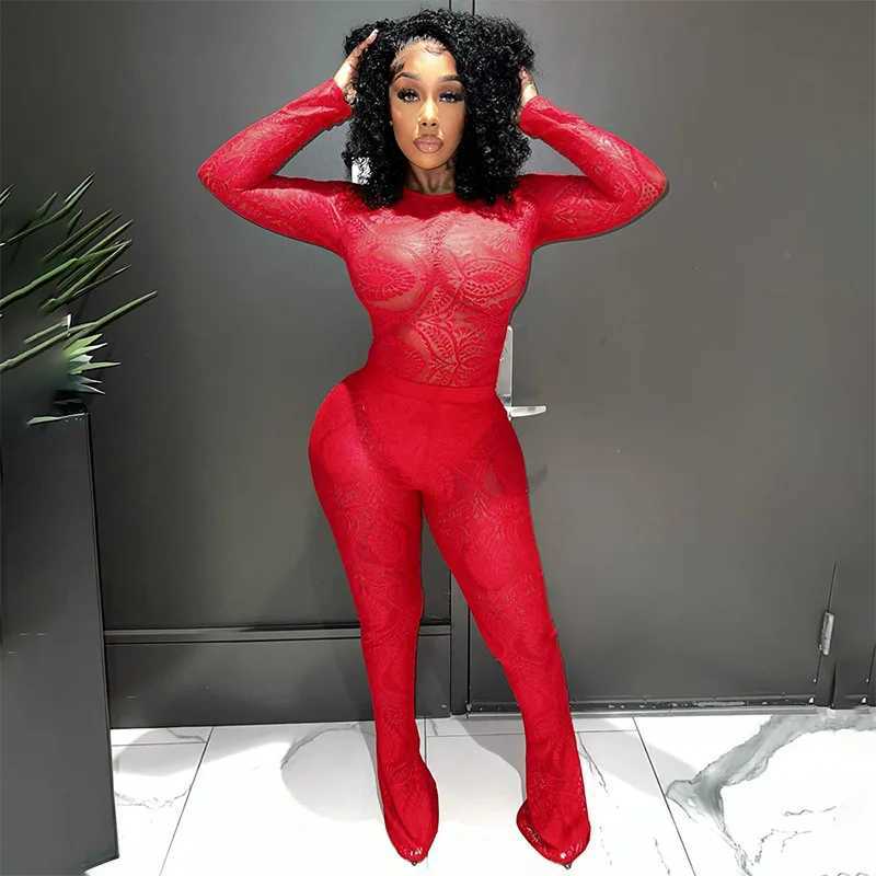 Kvinnors träningsdräkter Anjamanor Red Lace Pant Set Sexig Se genom Club Outfits Jumpsuit Fall Winter Womans Clothing Matching Set D85-DB28L231122