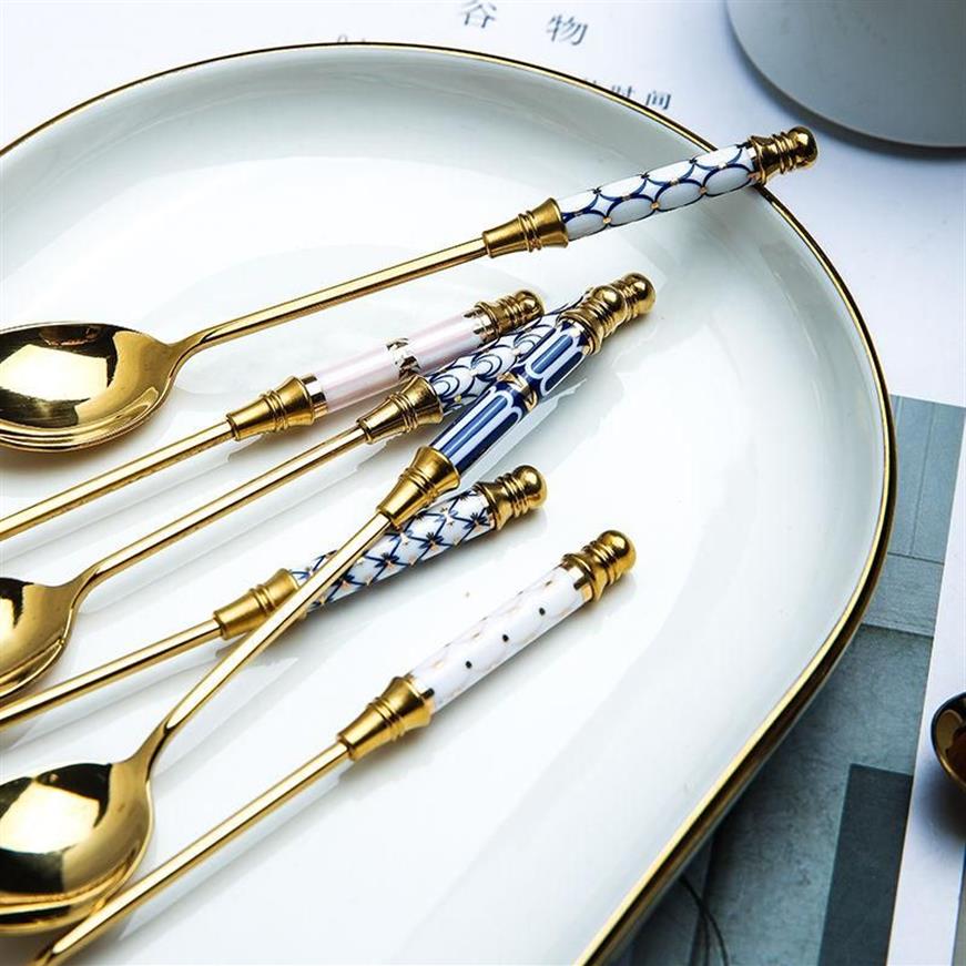 Spoons Stainless Steel Dessert Spoon Gold Coffee Milk With Ceramic Long Handle Ice Cream Fruit Cake Honey Stirring332f