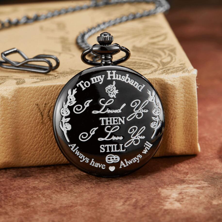 Vintage Silver Black Gold "To MY SON" I love you Laser Word Men Boy Analog Quartz Pocket Watch Pendant Chain Children Kids Watches Gifts