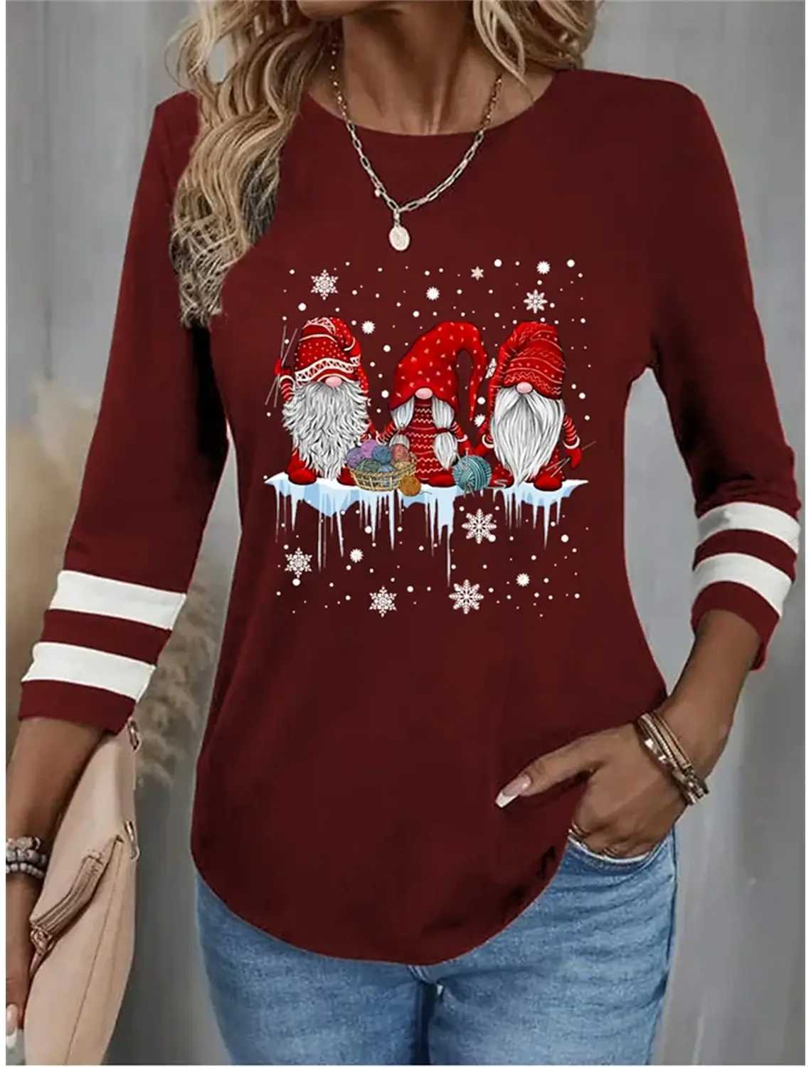 女性のパーカースウェットシャツ女性のTシャツ醜いサンタクリスマススウェットシャツヒョウ格子縞のワイングラスプリント長袖クリスマスレギュラーフィット塗装l231122