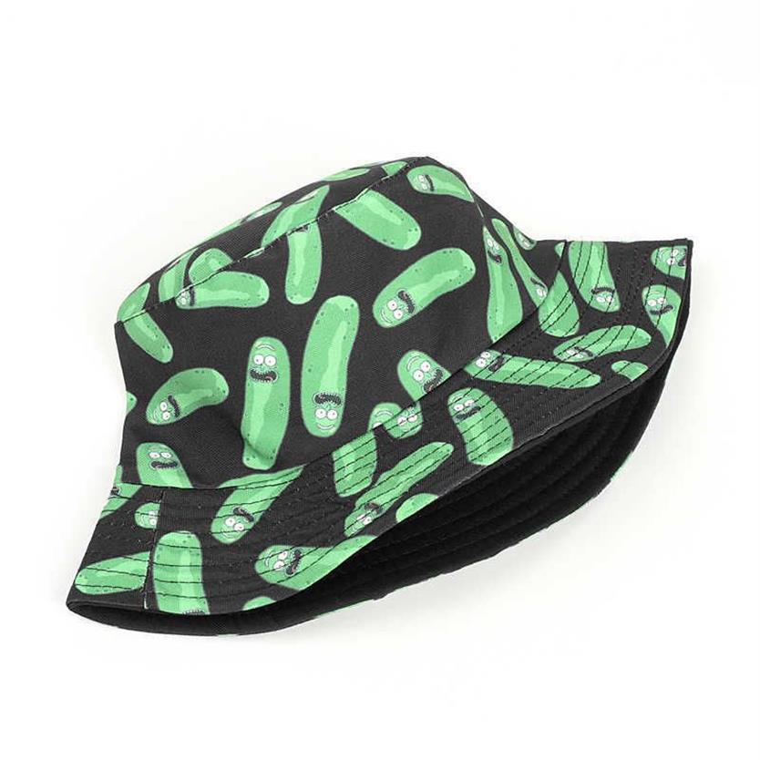 2021 New Pickle Rick Cotton New Bucket Hat Rick Fishing Cap US 애니메이션면 인쇄 피셔 인 밥 모자 태양 낚시 부니 모자 Q0805218T