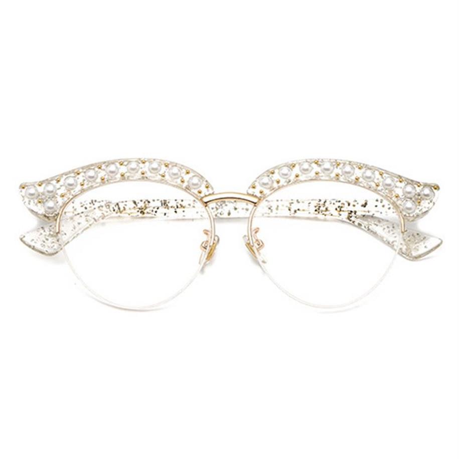 Cubojue Cat Eye Pearl Women Okulary przezroczyste soczewki Przezroczyste modne okulary okulary Kobieta pół ramy spektakles Panie Panie 232X