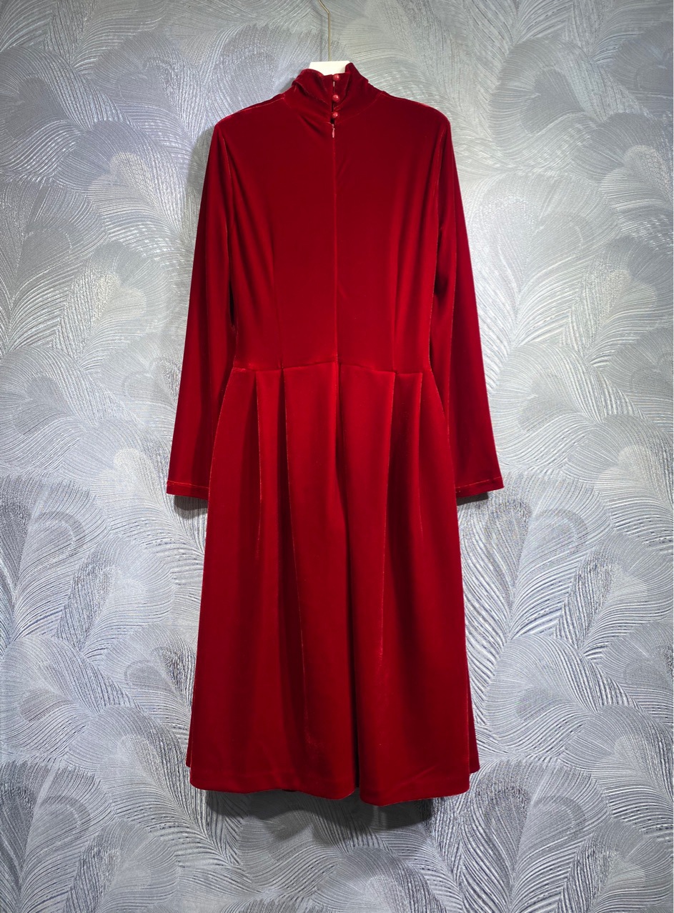 2024 Spring Pure Color Belted Dress Red Long Sleeve Stand Collar Kne-Length Casual Dresses T3N241208